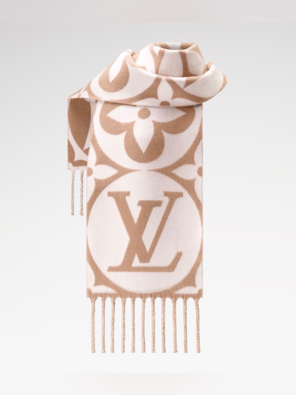 Louis Vuitton Beige & White Monogram Fringe Scarf